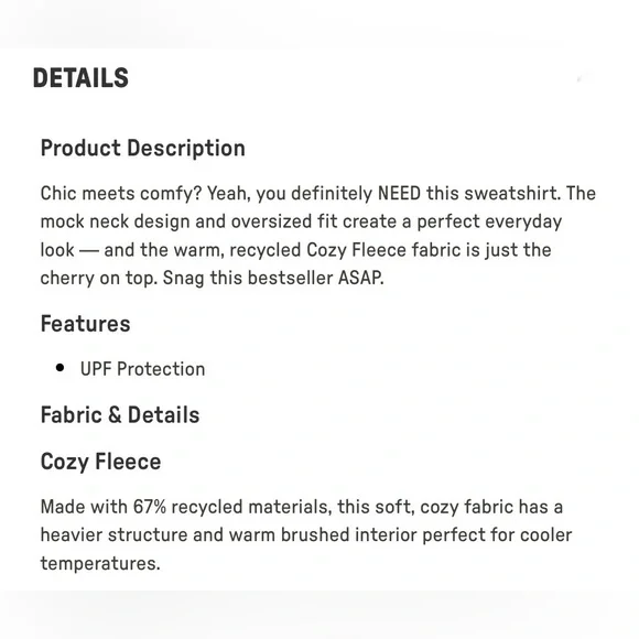 Fabletics Terry Oversized Mock Neck Sweatshirt | XXS | NWT | Gray Heather - Picture 5 of 10